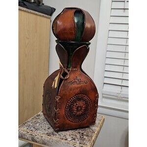 Vintage Embossed Leather Wrapped over Green Glass Decanter With Cork Stopper